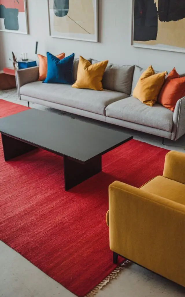 A lively living room with a bold red rug and a gray sofa. The sofa is adorned with colorful throw pillows in shades of blue, yellow, and orange. A sleek, plain minimalist black coffee table sits at the center. The room also contains a mustard yellow armchair and abstract artwork on the walls.