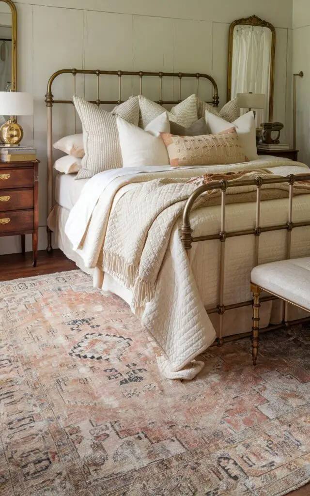 A charming bedroom featuring a distressed vintage rug in soft, muted colors beneath a very cozy bed with layered cream and beige bedding. The rug's faded patterns lend an aged, timeless quality to the space, which is styled with antique wooden furniture and brass accents. A quilted throw blanket and an assortment of textured pillows enhance the cozy, lived-in feel.