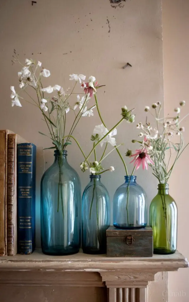 A photo of a spring mantel with a vintage glass bottle arrangement. There are blue and green bottles of varying sizes, each holding a single stem of fresh wildflowers. The bottles are placed alongside a few antique books and a small, weathered wooden box. The background is a beige wall with a few nails. The overall scene has a nostalgic yet vibrant spring ambiance.