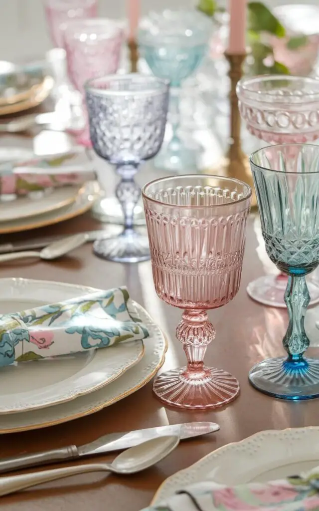 A photo of a spring dining table with intricate vintage glassware in pastel shades of pink, blue, and green. The glassware is paired with simple white plates and floral napkins for an elegant touch. The sunlight filters through the colored glass, creating soft reflections that enhance the table's vintage spring charm.