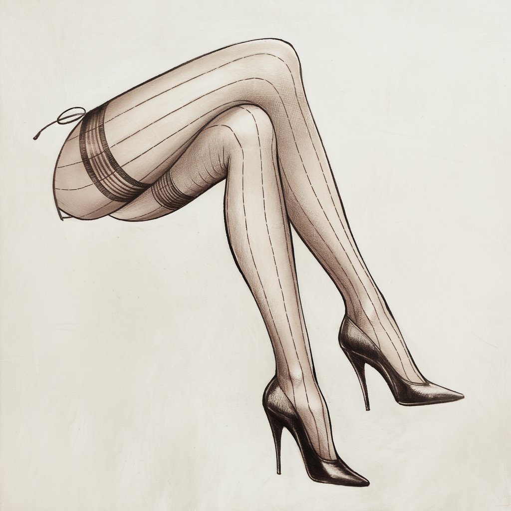 A minimalist, plain white background pencil drawing illustration of legs wearing retro stockings with seam lines running down the back. The legs are posed elegantly, with pointed toes wearing classic high heels. Smooth lines outline the stockings, and subtle shading adds depth to the vintage look. Drawn in a simplistic style, the image is timeless and sophisticated.