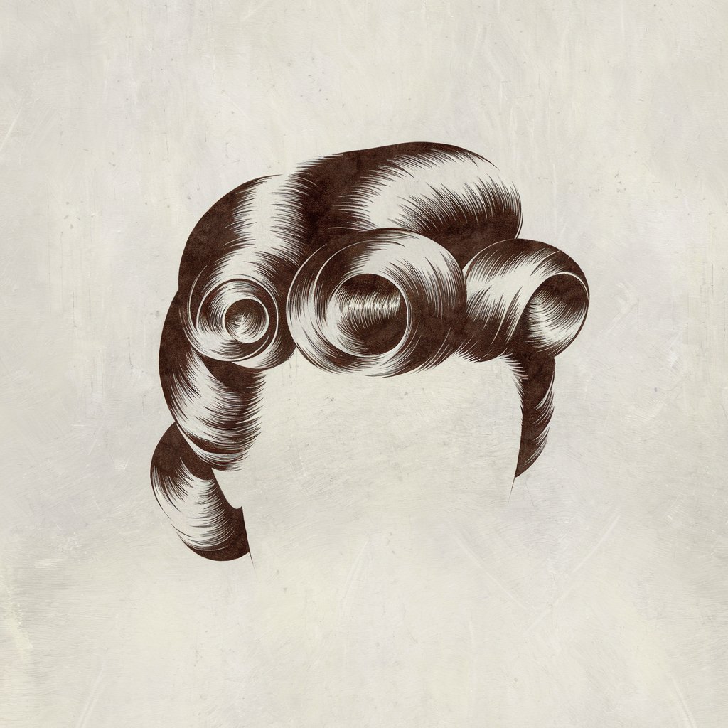 A minimalist, plain white background pencil drawing illustration of a retro hairstyle with victory rolls. The hairstyle is drawn in a simplistic style, with coiled lines and subtle highlights capturing the polished, vintage charm.