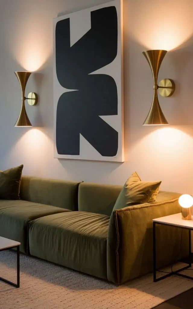 A photo of a modern living room with a cozy green couch illuminated by elegant wall sconces. The sconces have a brass finish, casting a warm glow over the seating area. Above the couch, a black-and-white abstract art piece creates a stylish focal point. A neutral rug and side table with a small table lamp complete the look.