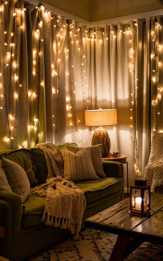 A photo of a cozy and intimate living room with a green couch illuminated by warm lighting. The room has string lights draped along the walls, creating a magical glow, and a nearby table lamp with a beige shade adds softness. The couch is layered with textured throws, and a rustic wooden coffee table holds a small lantern. The room feels inviting and serene.