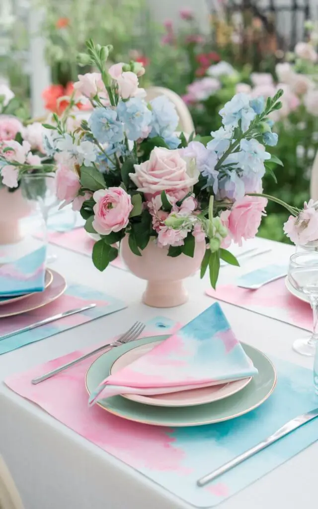 A dreamy spring dining table setting with watercolor-print placemats in soft shades of pink and blue. The placemats are placed on a white tablecloth. There are matching pink and blue napkins folded into triangles and placed on the plates. The plates are a pastel shade of pink and blue. The centerpiece is a vase filled with pastel flowers, including pink roses, blue delphiniums, and green leaves. The background is a garden with blooming flowers. The table setting is light, airy, and perfect for spring.