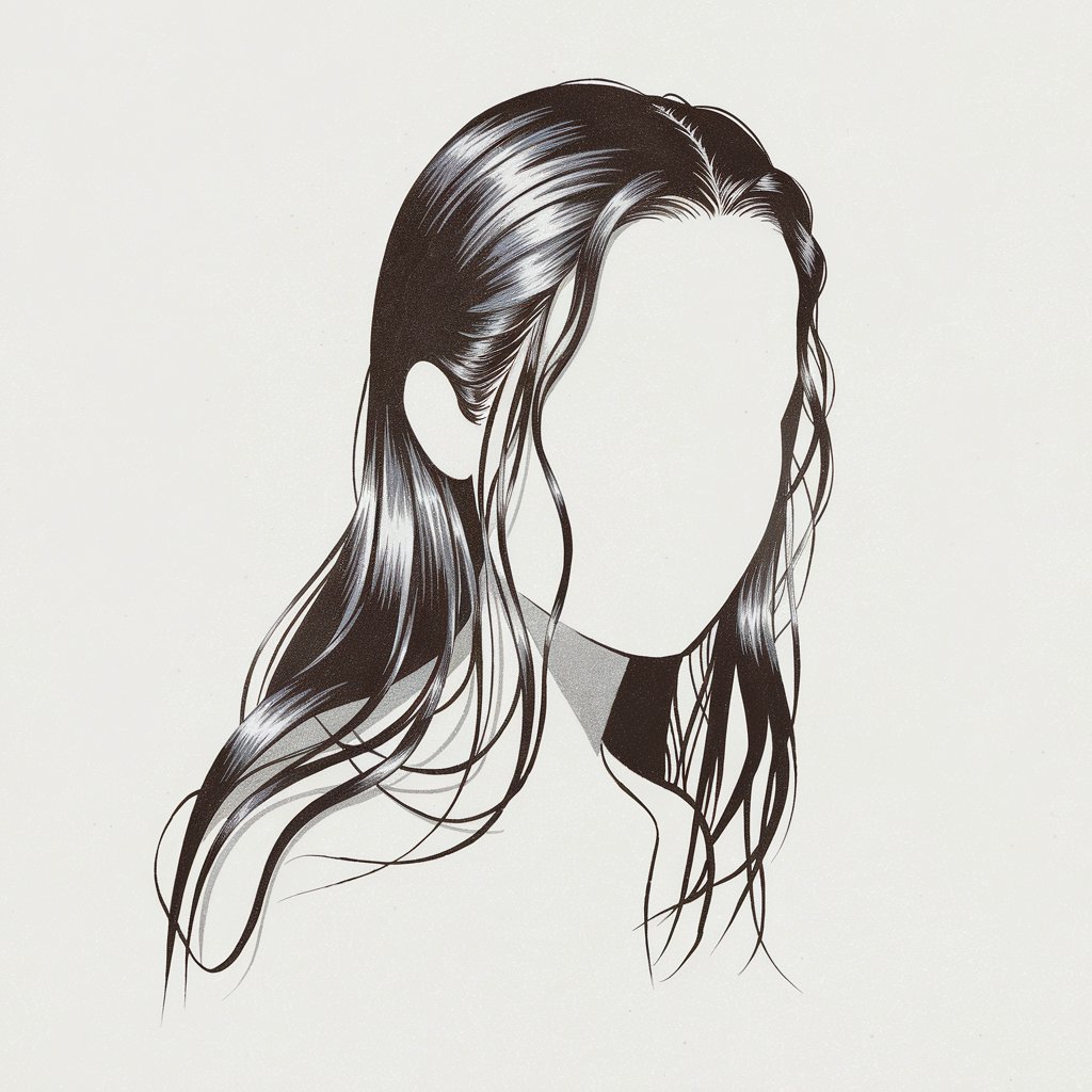 A minimalist, plain white background pencil drawing illustration of sleek, wet hair clinging to the face and shoulders. The hair is drawn in a simplistic style, with smooth lines and subtle highlights that mimic the glossy, damp texture of wet strands.