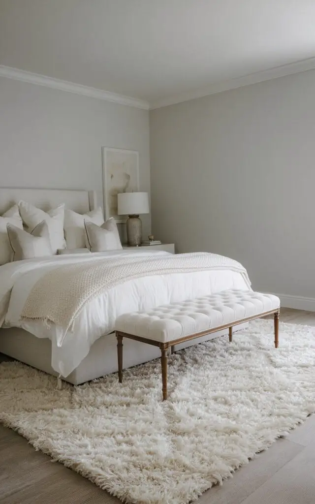 A serene and inviting bedroom with a high-pile white rug positioned under a cozy bed with crisp white bedding and soft, billowy pillows. The rug's plush texture creates a luxurious feel that complements the minimalist aesthetic of the room. Light gray walls, a simple bench at the foot of the bed, and an elegant bedside lamp contribute to the serene and inviting atmosphere.