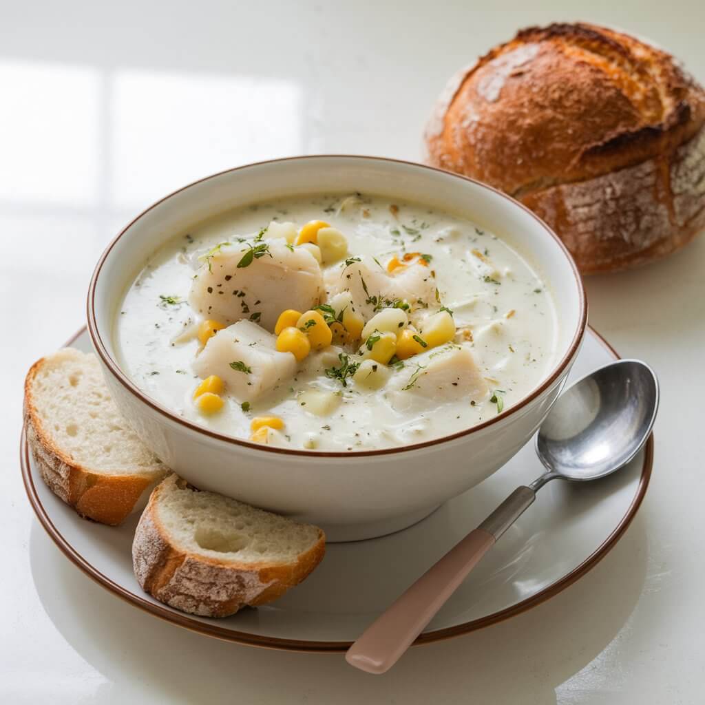 A photo of a creamy bowl of white fish chowder with smooth surface speckled with chunks of flaky fish, diced potatoes, and sweet corn. The chowder is served in a classic white soup bowl with a rustic crusty bread roll on the side. A tiny soup ladle rests nearby. The dish is perfectly framed against a bright white kitchen countertop that emphasizes its comforting warmth.