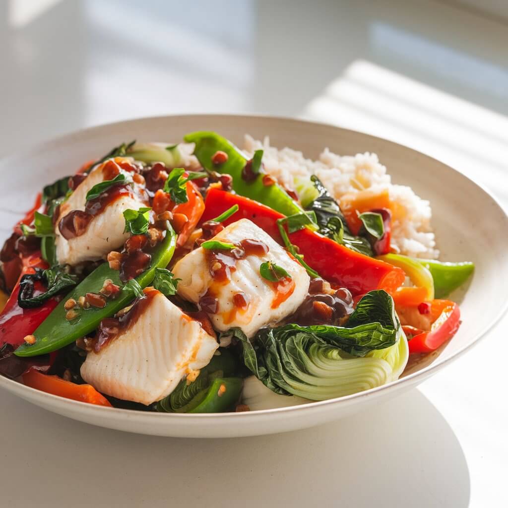 A photo of a white shallow bowl containing a stir-fry of tender white fish chunks with vibrant bell peppers, snap peas, and pak choy. The fish is cooked to perfection and is coated in a glossy soy-ginger glaze. The dish is served steaming hot and is garnished with fresh green herbs. The stir-fry is accompanied by a side of fluffy rice. The dish is presented on a bright white kitchen countertop, with natural light highlighting the glistening sauce and the white fish.