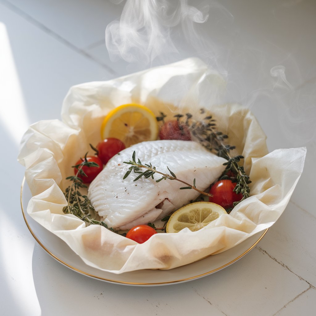 A photo of a parchment paper bundle artfully opened to reveal perfectly steamed white fish. The fish is surrounded by lemon slices, cherry tomatoes, and fresh thyme sprigs. Steam rises gently from the dish, creating an ethereal effect. The parchment paper is nestled on a white plate, and the setup is displayed on a bright white kitchen countertop with delicate touches of natural light.