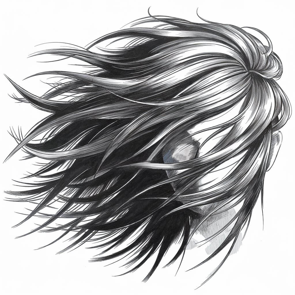 A pencil drawing of a rugged, windswept hairstyle with strands of hair whipping dramatically in different directions. The hair is drawn in a simplistic style, with dynamic lines and minimal shading to convey motion and energy. The background is a plain white background.