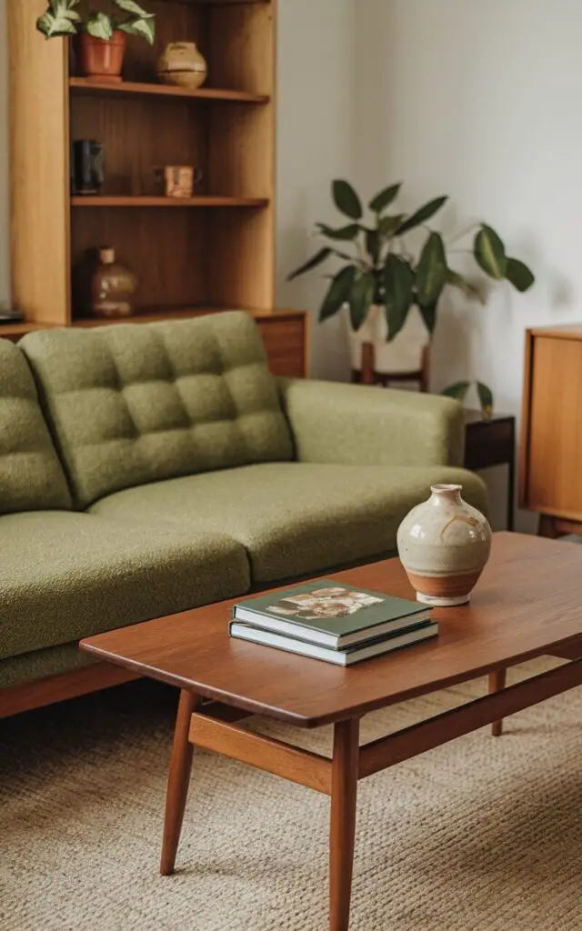 A cozy living room with a very cozy green couch complemented by natural wooden furniture. A mid-century modern wooden coffee table sits in front of the couch, holding a ceramic vase and a small stack of books. A nearby wooden bookshelf displays decorative items and potted plants. The combination of green and wood exudes warmth and timeless charm.