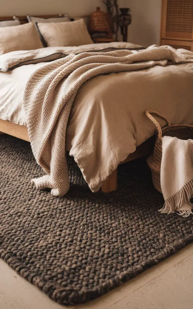 A warm and inviting bedroom with a thick wool rug in a deep gray tone under a very cozy bed draped in a neutral duvet and soft knit throw. The natural fibers of the rug complement the wooden furniture and earth-toned decor, creating a cohesive and calming atmosphere. A woven basket with a cozy blanket sits by the bed, adding a rustic charm.