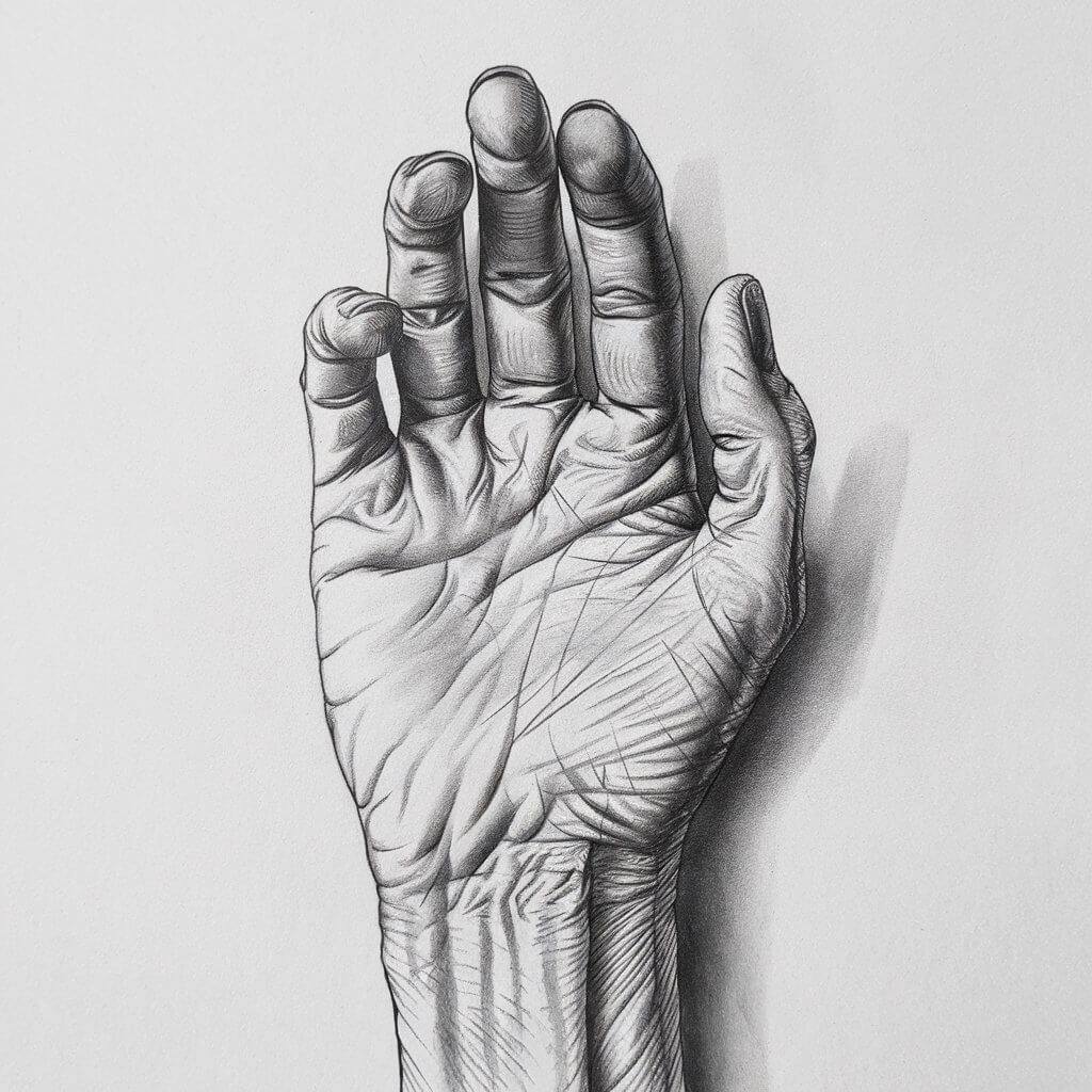 A minimalist pencil drawing of an elderly hand with prominent wrinkles and veins. The hand is placed flat on a plain white background. Each finger is detailed with folds of skin around the joints and fine lines that suggest age and character. The knuckles are slightly pronounced, and the nails are thin and lightly textured. Shading emphasizes the depth of the creases and the contours of the hand. The drawing is in a simplistic style, combining detailed textures with clean, minimal lines.