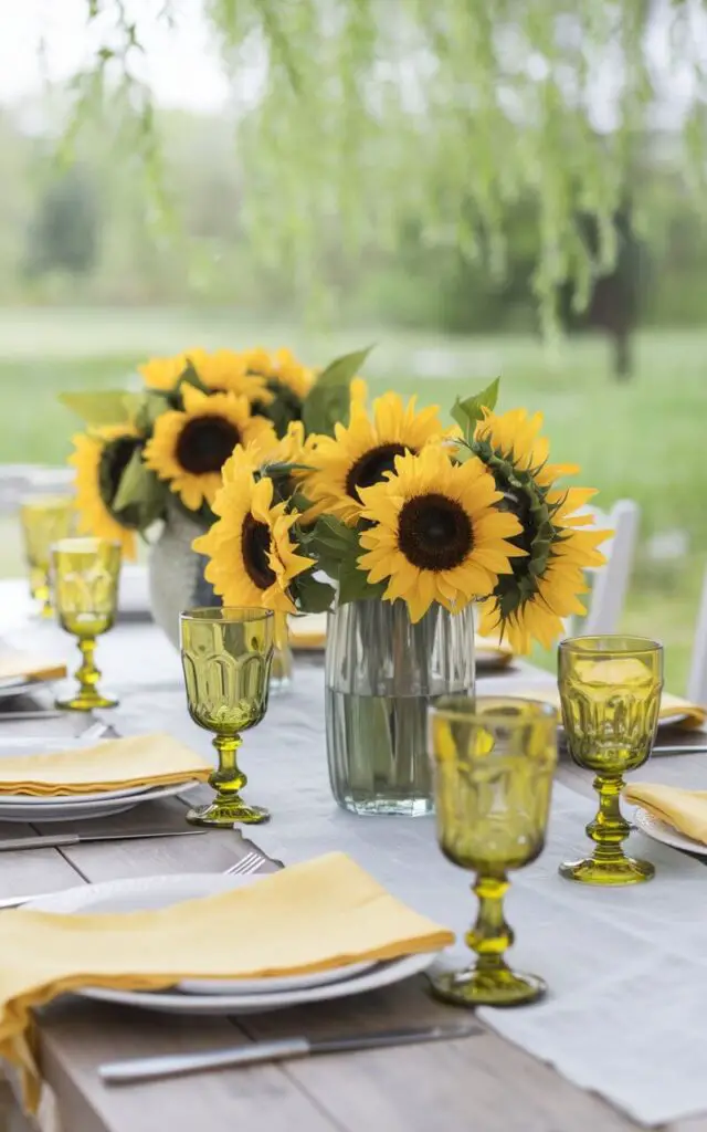 A cheerful spring dining table setting with a light gray table runner, white plates, yellow napkins, and bright yellow glassware. The centerpiece is a vase filled with sunflowers. The background is a serene outdoor setting with greenery. The overall ambiance is sunny and inviting.