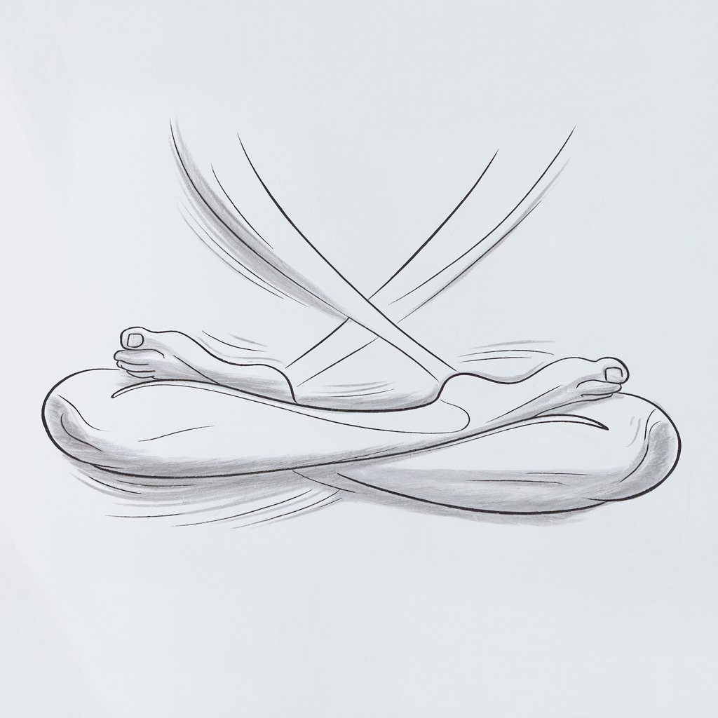 A minimalist, plain white background pencil drawing illustration of legs in a serene yoga pose, such as the lotus position. The feet are crossed gracefully, and the legs are drawn with smooth, fluid lines that emphasize balance and flexibility. Light shading adds depth and highlights the relaxed posture. Drawn in a simplistic style, the image conveys calmness and alignment.