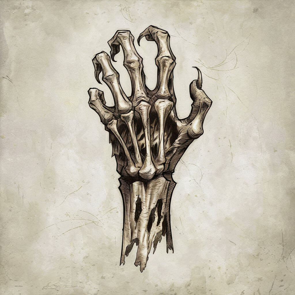 A minimalist, plain white background pencil drawing illustration of a decayed zombie hand. The hand has torn, peeling skin revealing faintly sketched bones beneath. The fingers are crooked and claw-like, with jagged nails and rough textures. Dark shading emphasizes the eerie, weathered appearance of the hand. The sketch is drawn in a simplistic style, adding to the chilling and creatively detailed appearance.