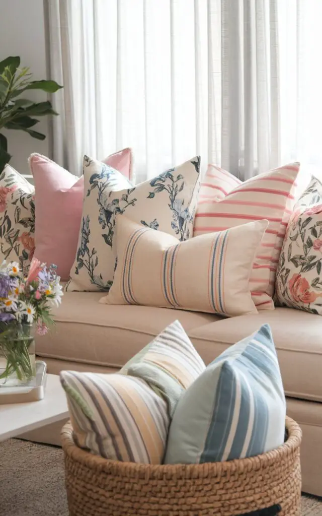 A photo of a lively and comfortable spring living room. There's a cozy sofa covered in an assortment of seasonal throw pillows. The pillows display a mix of floral prints, pastel stripes, and soft, textured fabrics. A woven basket nearby holds additional cushions for easy decor swaps. The coffee table, styled with a small vase of wildflowers, complements the fresh and vibrant look. Sheer curtains allow natural light to illuminate the cheerful space.