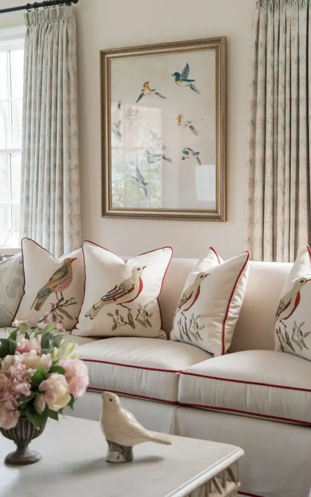 A photo of a charming spring living room with a cozy sofa featuring embroidered bird-patterned cushions. On the coffee table, there's a delicate ceramic bird figurine beside a floral arrangement in a vintage vase. Above the mantel, a framed watercolor painting of birds in flight enhances the seasonal theme. Soft pastel drapes frame the windows. The overall ambiance is light, airy, and filled with delightful springtime details.