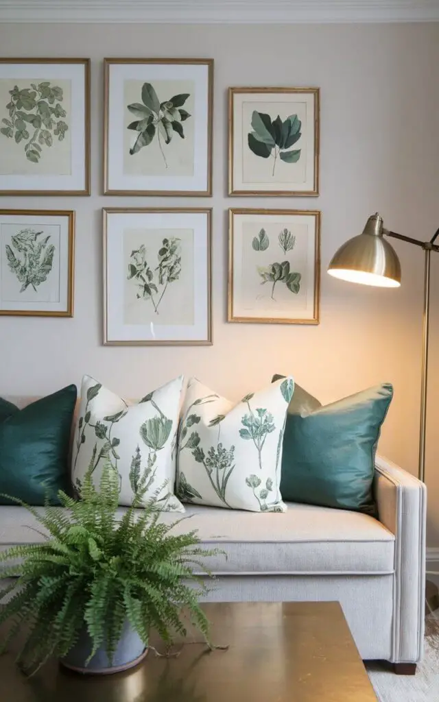 A photo of a chic spring living room with a cozy sofa and botanical-print cushions in various shades of green. Above the sofa, there is a gallery wall of framed botanical prints. A sleek wooden coffee table displays a potted fern. The space is illuminated by a brass floor lamp, casting a warm glow over the fresh and inviting decor.