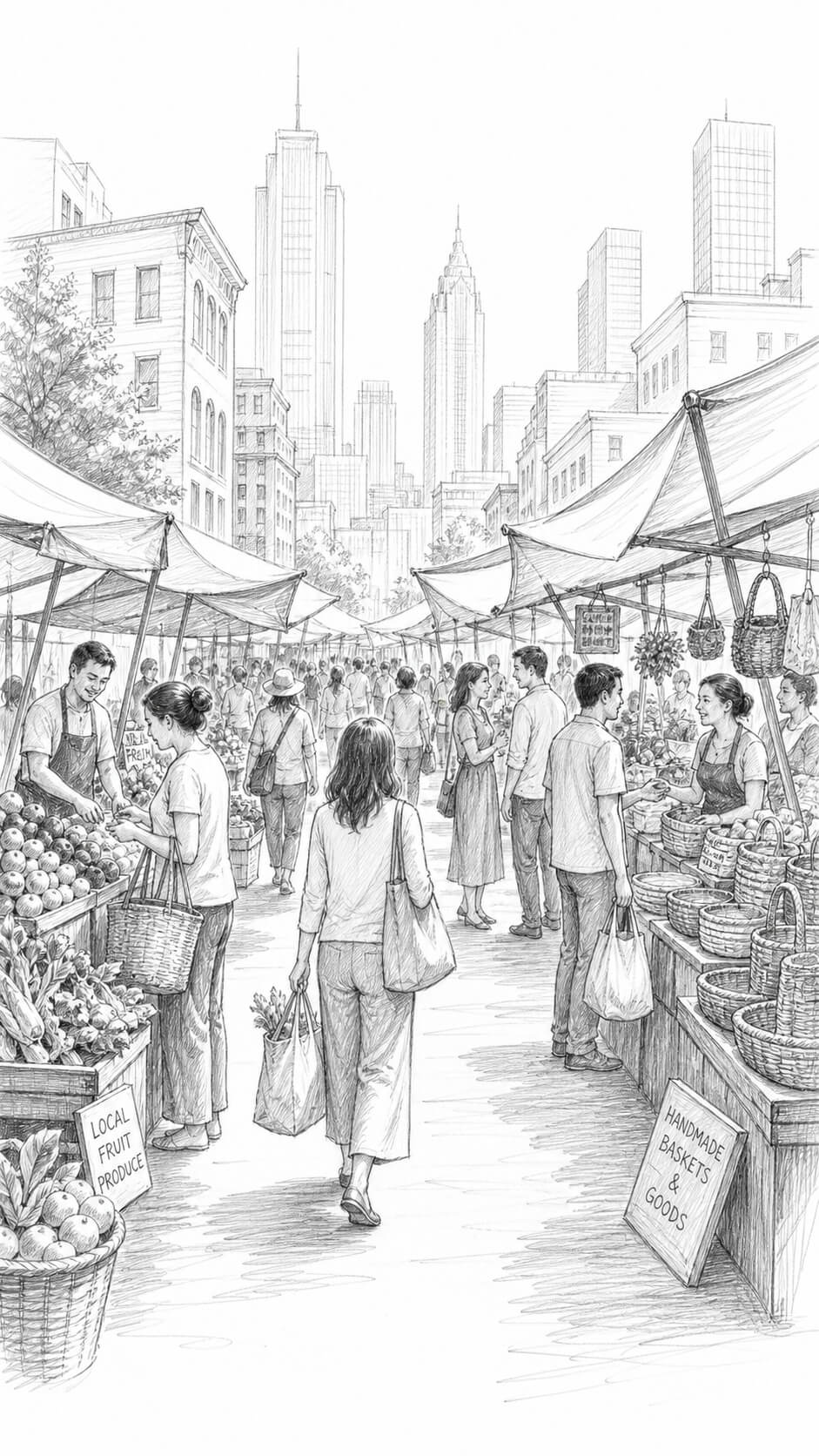 Busy city market street scene
