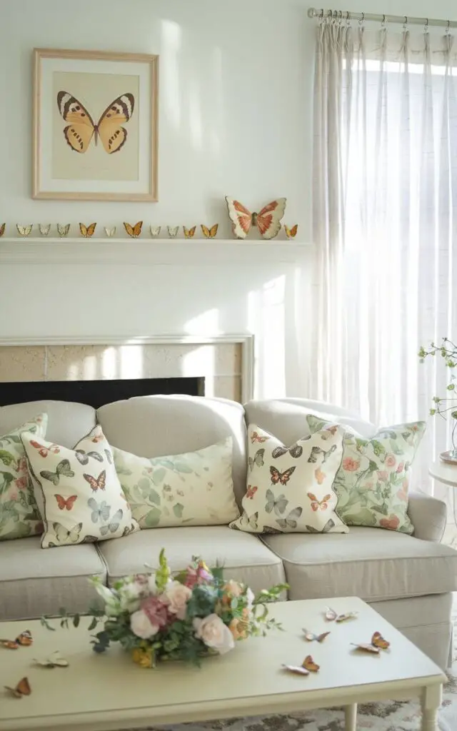 A whimsical spring living room with a cozy sofa decorated with butterfly-print throw pillows. Above the mantel, a framed butterfly illustration adds an artistic touch. Small ceramic butterflies are arranged on the bookshelf. The coffee table features a floral centerpiece, tying together the delicate, nature-inspired theme. Sunlight streams through light, sheer curtains, enhancing the fresh and cheerful ambiance.