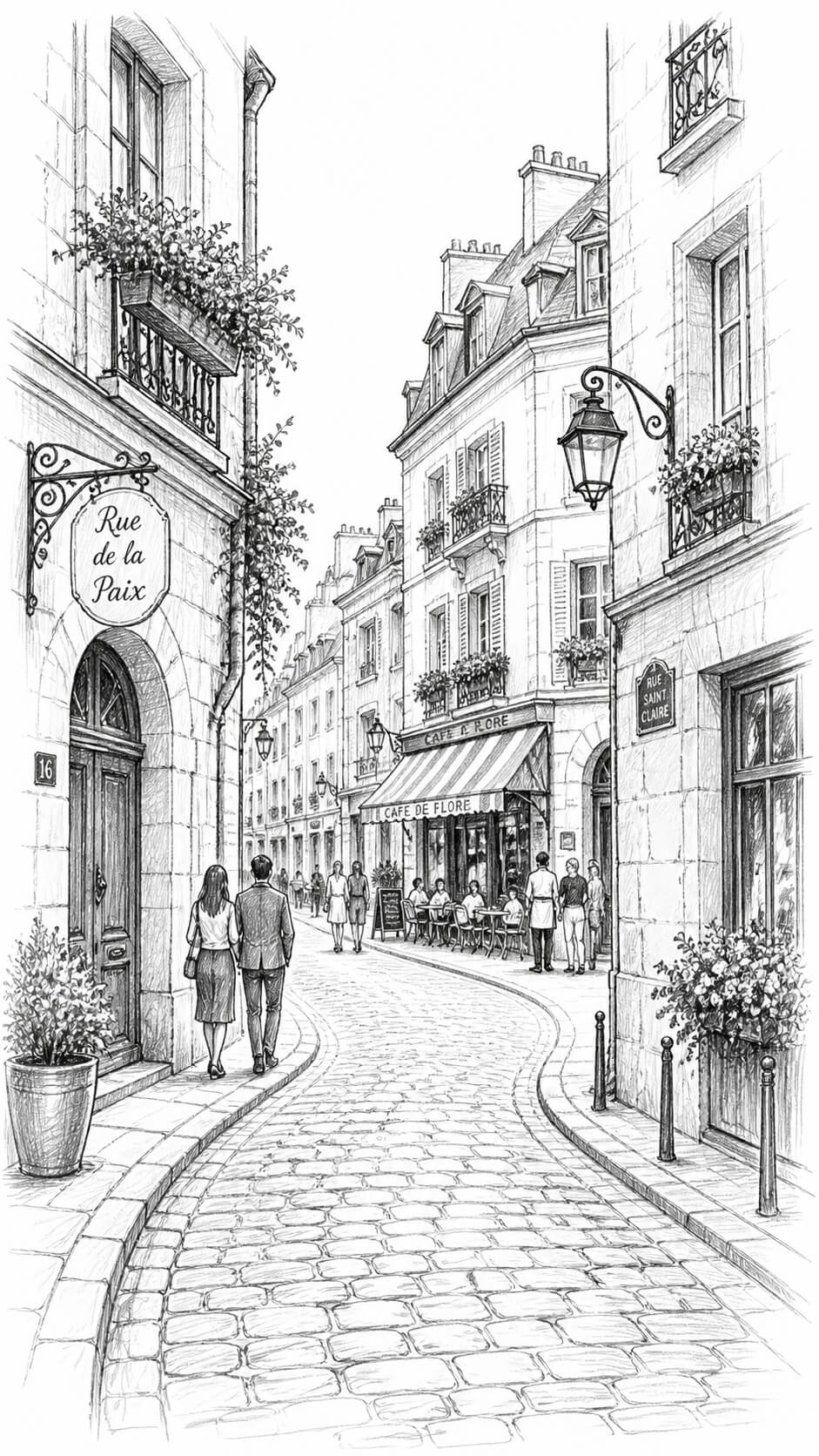Charming Parisian street scene in graphite
