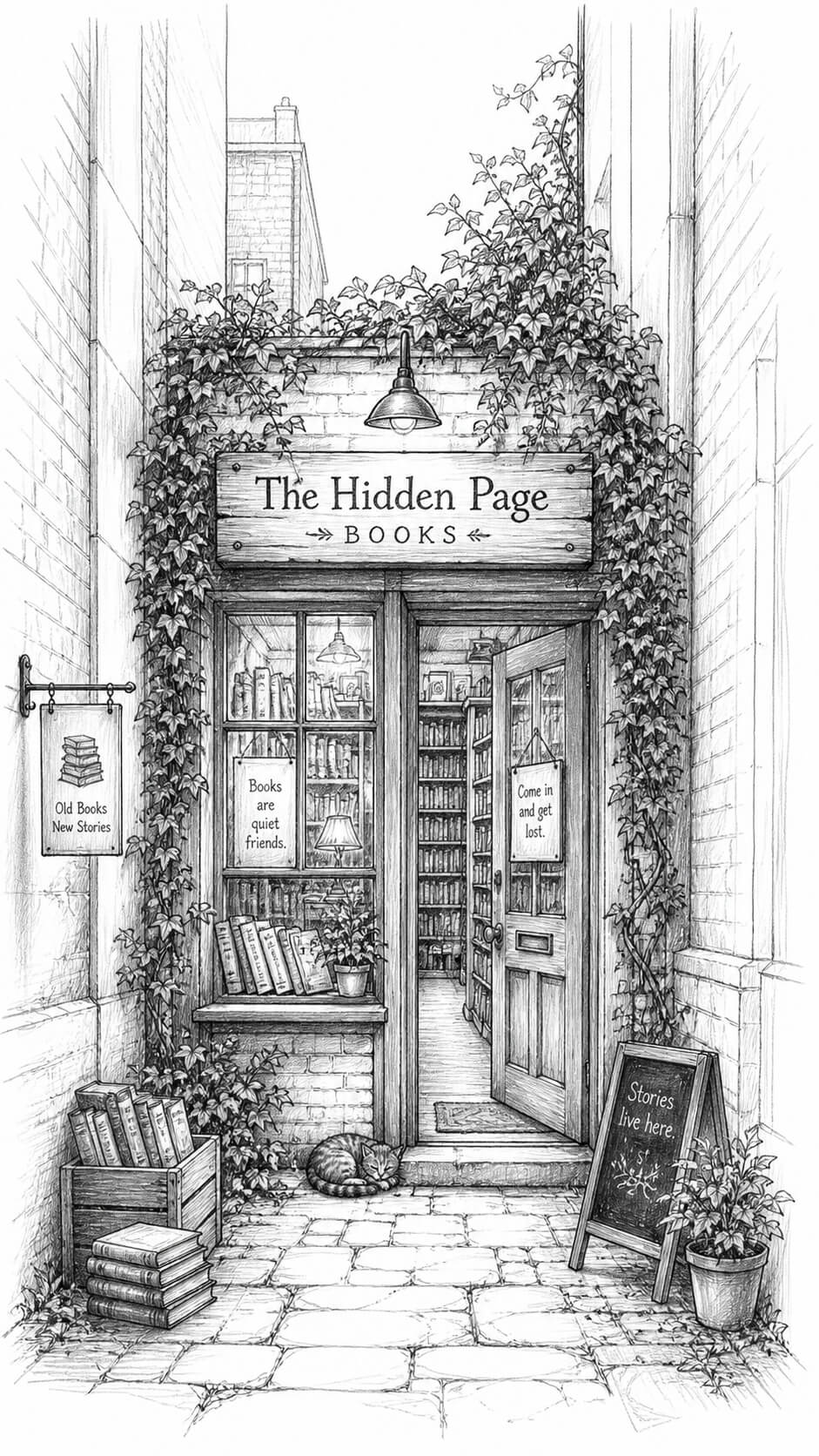 Cozy hidden bookstore in an alley