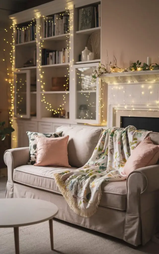 A magical spring living room with a cozy sofa illuminated by delicate fairy lights draped along the bookshelf and mantel. The twinkling lights add warmth to the pastel-colored decor. A soft floral throw blanket is draped over the sofa, while the round white coffee table sits in the foreground. The room feels enchanting, inviting, and perfectly suited for a cozy spring evening.