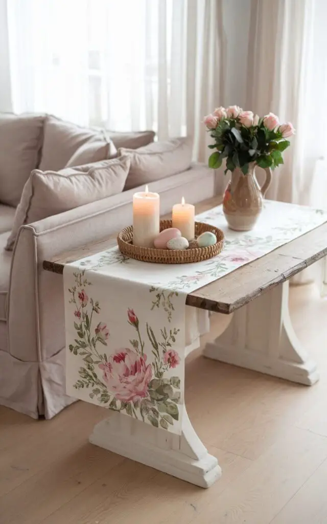 A photo of a spring living room with a cozy sofa beside a rustic console table. The table is adorned with a floral table runner that features soft pink and green hues. There is a ceramic vase with fresh-cut roses on the table. A woven tray on the table holds scented candles and decorative eggs, adding a seasonal touch. The room has light oak flooring and sheer curtains, creating a bright and airy atmosphere.