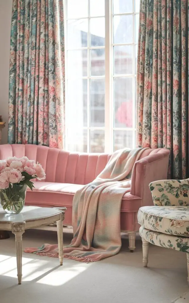 A photo of a cheerful spring living room with a cozy pink velvet sofa and a floral-upholstered armchair. A vintage-inspired coffee table holds a delicate vase of peonies. Floral-patterned curtains frame the large window, allowing sunlight to cast a warm glow over the space. A pastel throw blanket drapes effortlessly over the sofa, adding another layer of comfort to this lively yet elegant setting.