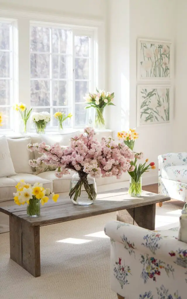 A photo of a bright and inviting spring living room with a cozy sofa positioned near a sunlit window. There are vases of fresh flowers placed around the room. A bouquet of cherry blossoms sits on a rustic wooden coffee table. Smaller arrangements of daffodils and tulips add pops of color throughout the space. The walls are a crisp white, enhancing the fresh and lively feel. A floral-patterned armchair and botanical artwork on the wall contribute to the seasonal charm, making the space feel rejuvenated.