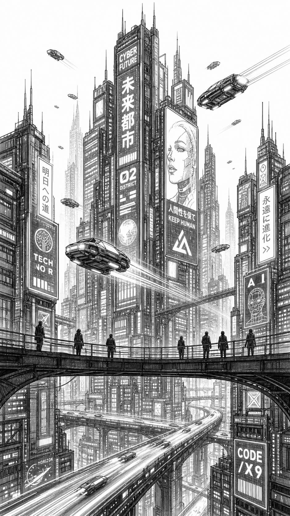 Futuristic cyberpunk cityscape sketch