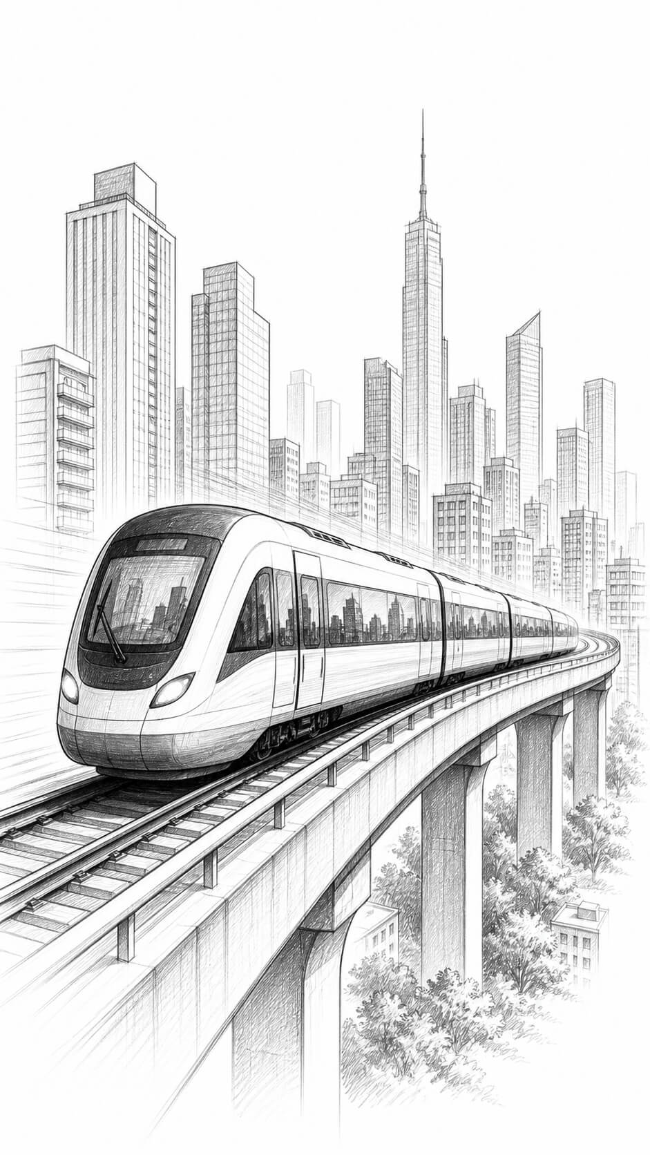 Futuristic train in urban silhouette