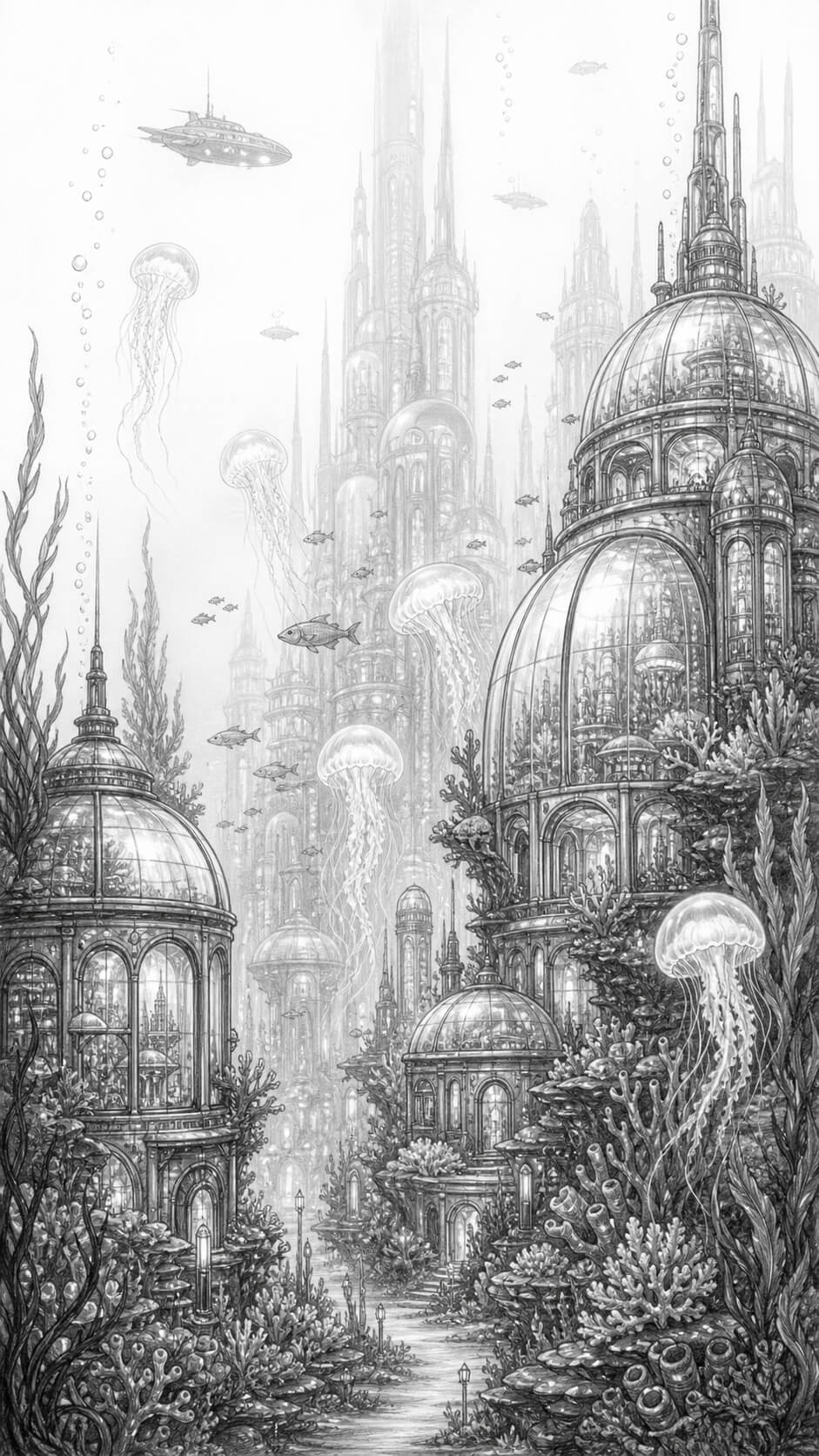 Futuristic underwater metropolis in graphite