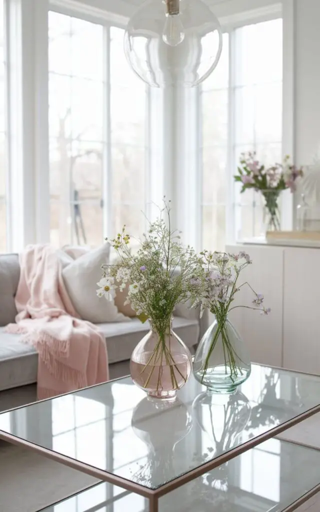 A photo of a bright and modern spring living room with a cozy sofa next to a sleek glass coffee table. On the table, pastel-tinted glass vases hold fresh wildflowers, reflecting the natural light streaming through large windows. Glass pendant light hangs overhead, adding a delicate, ethereal glow. A mirrored tray on the sideboard enhances the airy, open feel, while a soft pink throw blanket drapes over the arm of the sofa, complementing the light and breezy aesthetic.