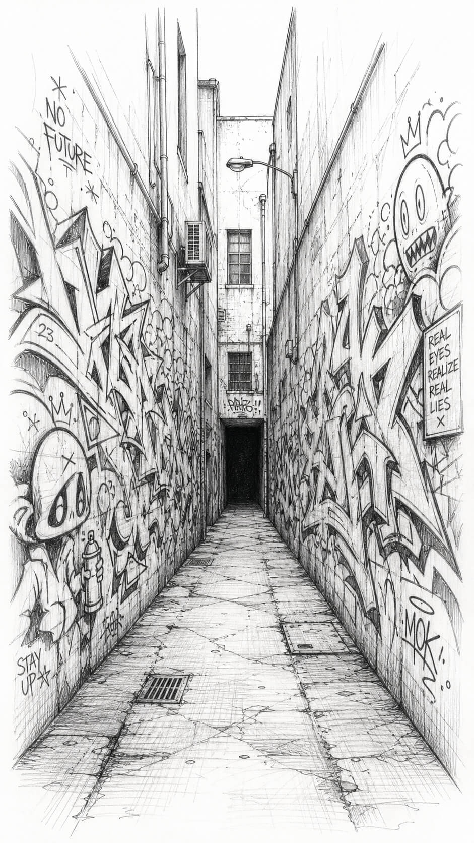 Graffiti alleyway in monochrome sketch