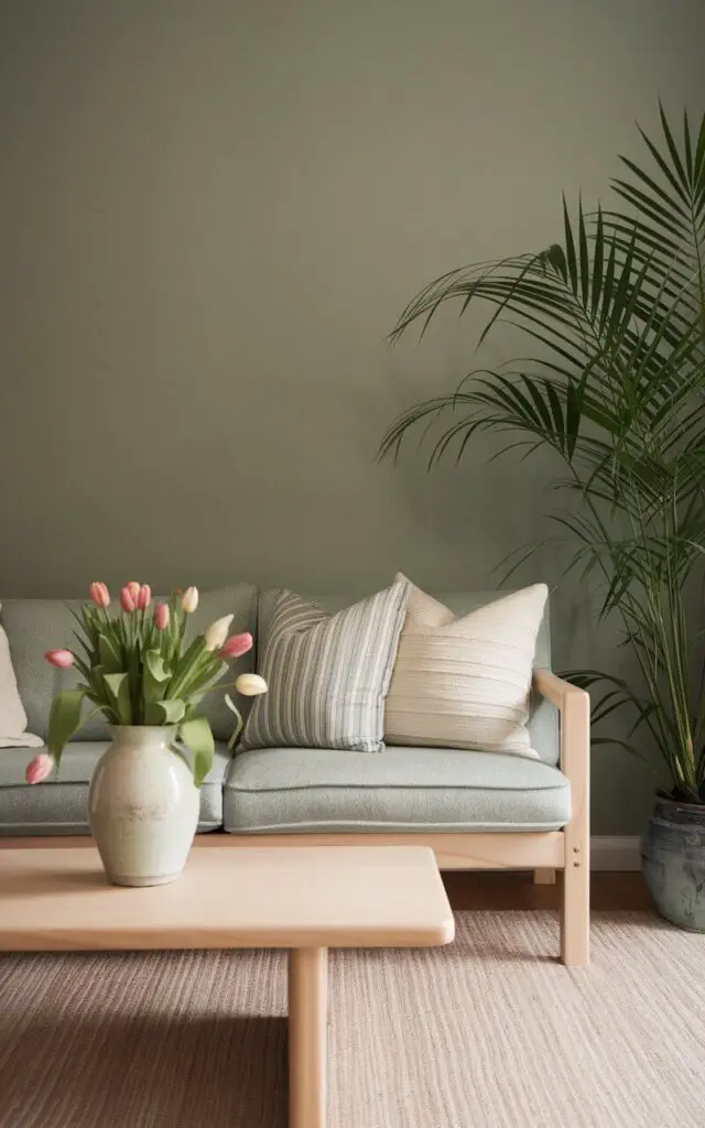 A photo of a stylish spring living room with a cozy sofa against a muted sage-green accent wall. The natural tones blend seamlessly with light wooden furniture and cream-colored decor. A tall potted plant beside the sofa adds a lush, organic feel. The coffee table holds a simple ceramic vase filled with fresh tulips. Soft lighting enhances the tranquil, nature-inspired ambiance of the space.