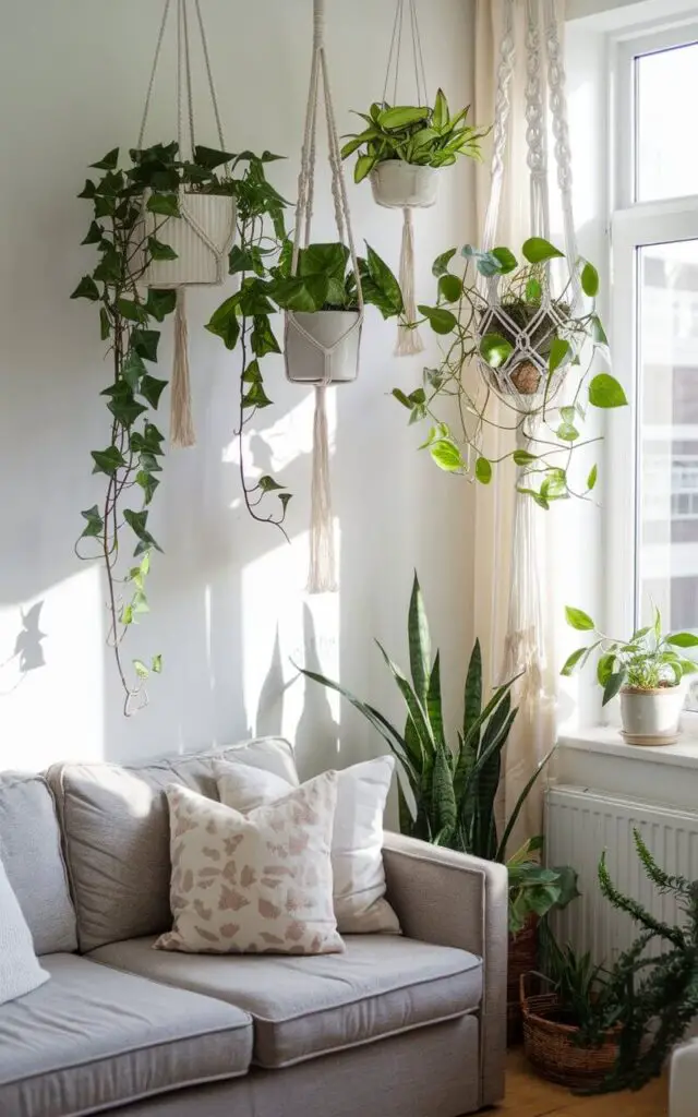 A living room with a fresh and lively spring vibe. There's a cozy sofa beneath a collection of hanging planters. The plants, including ivy and pothos, cascade gracefully from the ceiling, adding a lush, organic touch. A macramé plant hanger near the window enhances the bohemian aesthetic. The space is bathed in natural light, making it feel open, breezy, and full of life.