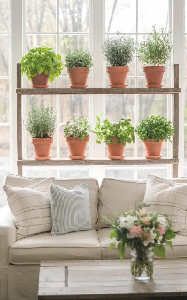 A photo of a serene spring living room with a cozy sofa near a sunlit window. The sofa is placed beneath a rustic wooden shelf holding terracotta pots filled with basil, rosemary, and mint. The pots bring a touch of greenery indoors. A farmhouse-style coffee table holds a vase of spring flowers. The air is filled with the subtle aroma of fresh plants, enhancing the peaceful, natural ambiance.