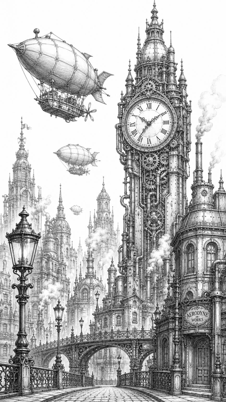 Industrial steampunk cityscape in motion