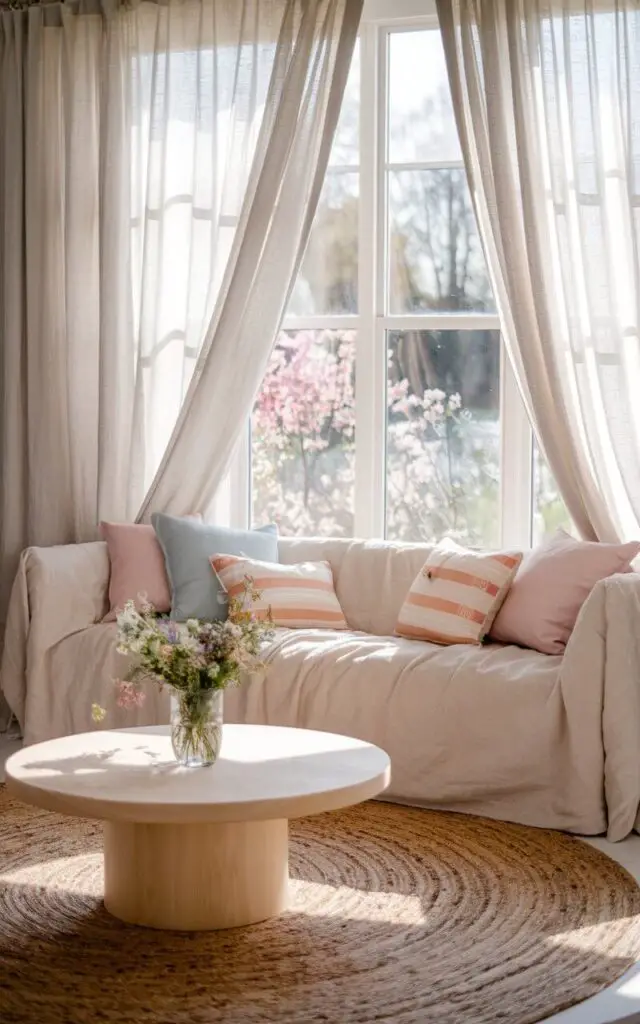 A photo of a serene spring living room bathed in natural light, with sheer, airy window curtains framing large windows. A very cozy upholstered sofa in soft beige sits beneath the window, layered with pastel cushions. A jute rug adds warmth, complementing the light round wood coffee table adorned with a small vase of wildflowers. A gentle breeze causes the curtains to sway, bringing in the fresh scent of blooming flowers from the garden outside. The overall effect is a dreamy, tranquil retreat perfect for spring.