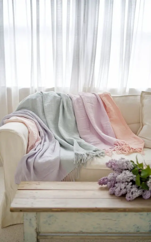 A photo of a bright and airy spring living room with a cozy sofa adorned with lightweight cotton and linen throw blankets in pastel shades. The blankets are casually draped over the armrest. A wooden coffee table with a distressed finish holds a small bouquet of lilacs. The background features sheer white curtains swaying gently, letting in the fresh spring breeze. The overall setting is soft, inviting, and perfect for the warmer season.
