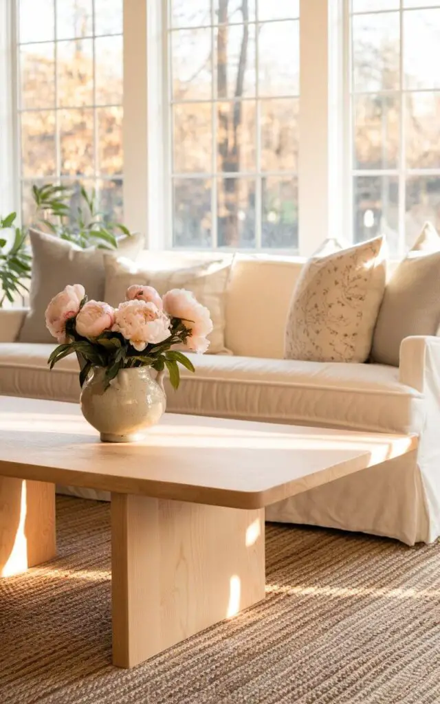 A photo of a serene spring living room with a cozy sofa and a light wood coffee table. The cream-colored cushions on the sofa perfectly complement the table. The table holds a ceramic vase filled with fresh peonies, adding a soft floral touch. The floor is adorned with a textured jute rug. Large windows allow golden sunlight to flood the space, enhancing its warm, natural appeal.