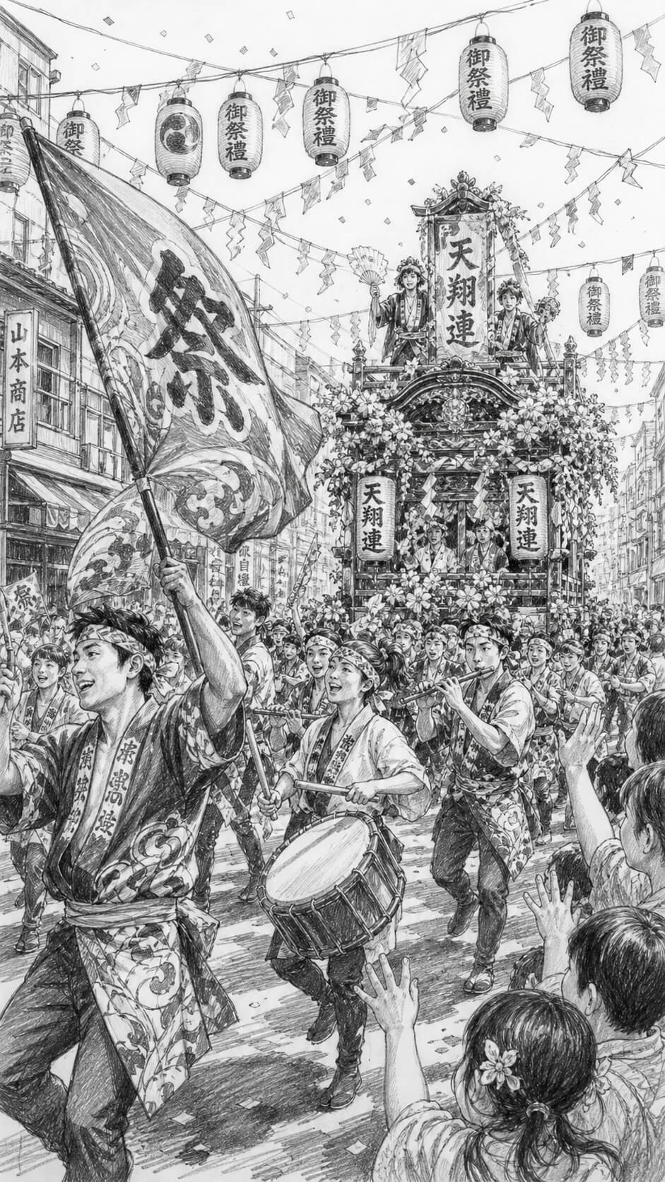 Lively japanese festival parade scene