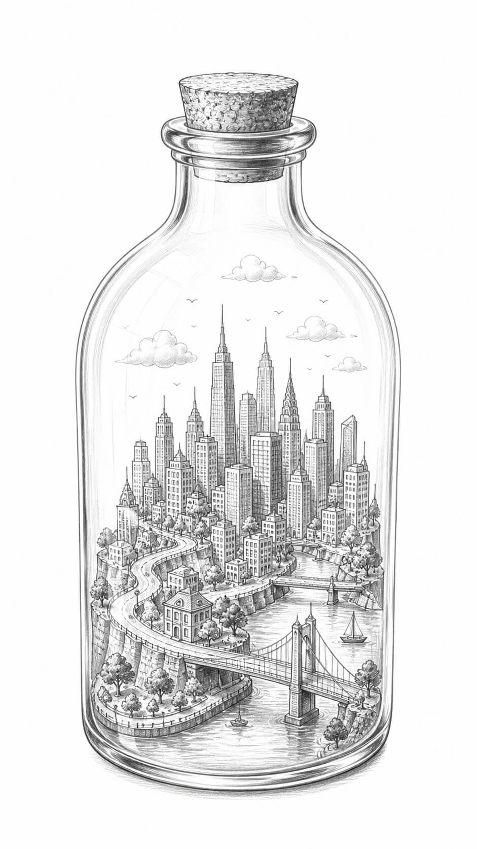 Miniature city inside a bottle
