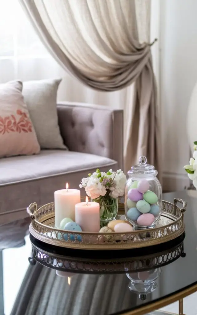 A sophisticated spring living room with a cozy sofa next to a coffee table decorated with a mirrored tray. The tray holds pastel-hued candles, a small floral arrangement, and a glass jar filled with decorative eggs. The reflection enhances the room's brightness, while soft linen curtains sway in the background. The scene exudes elegance and seasonal charm.