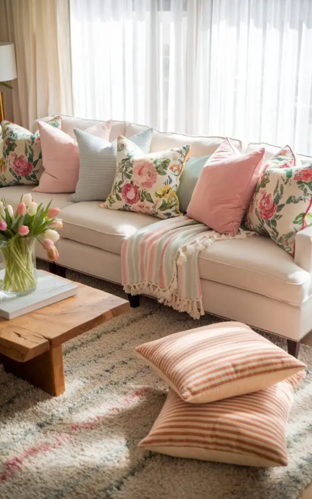 A vibrant spring living room with a cozy sofa styled with an eclectic mix of throw pillows. Florals, stripes, and solid pastel cushions create a visually dynamic yet harmonious arrangement. A wooden coffee table holds a bouquet of tulips, while a plush area rug ties the decor together. Sunlight pours through sheer curtains, highlighting the layered textures and soft color palette.
