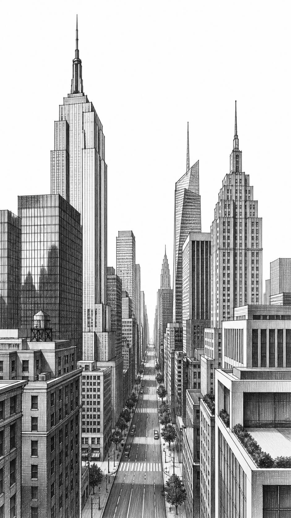 Monochrome city skyline in perspective