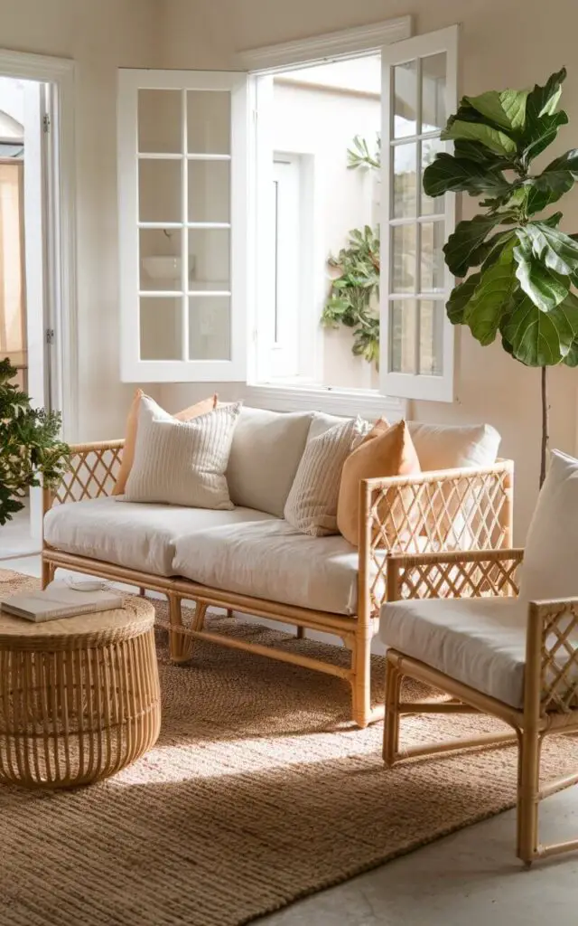 A spring living room with a cozy sofa upholstered in natural linen. Woven rattan furniture, including a side table and chair, adds an organic touch. A jute rug grounds the space, complementing the soft pastel tones of the decor. The room is adorned with a tall fiddle leaf fig in the corner. Sunlight streams in through open windows, enhancing the warm and nature-inspired atmosphere.